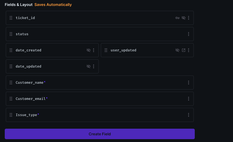 Schema of the tecket collection in directus